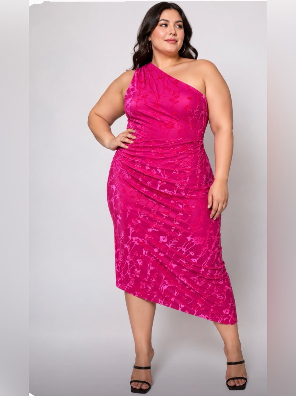 Hutch Monty Asymmetric Velvet Burnout One-Shoulder Ruched Midi Dress Pink 2X